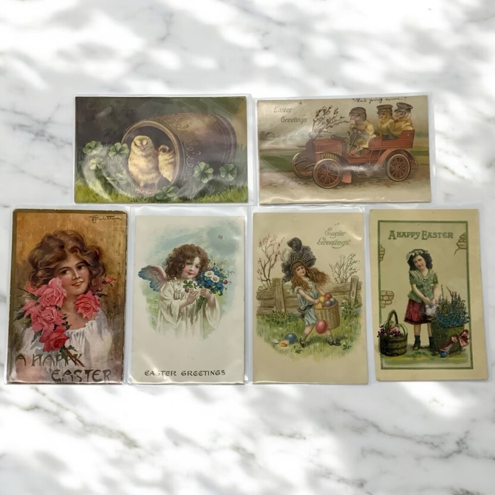 Antique Easter Postcard Lot of 6, German Made, Embossed Gilded Ephemera